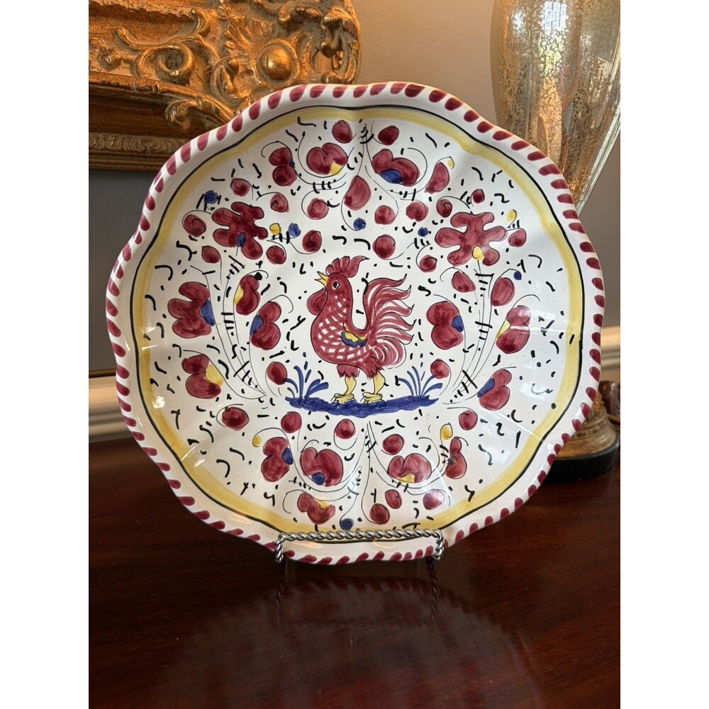 Deruta Majolica Red Rooster Scalloped Bowl Plate Signed DIP.A Mano Deruta